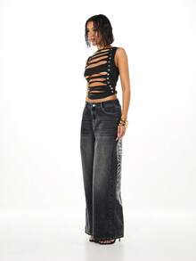 SUMWON WOMEN Top sin mangas negro con detalles llamativos, con cortes, tirantes y tachuelas metálicas - Negro - Ver 5