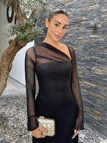 Mélanie ORL Vestido asimétrico de cuello sólido elegante, otoño