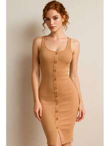 Vestido Sexy Dama Premium Vestido Entallado Vestido Botones Frontales Abertura Elegante Vestido Tirantes Vestido Ajustable Vestido Con Botones - beis - Ver 4