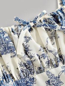 Girlism Tween Girls Dresses Summer Palace Style Floral Ruffle Dress Ballet Style Dress - Blue and White - View 3