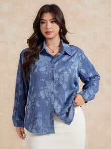 Dazy Plus 时尚休闲纹理面料宽松翻领百搭长袖衬衫 - 寶藍色 - 查看 3