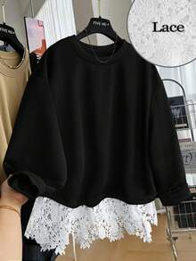GlowEve CURVE Plus Size Women's Crew Neck Contrast Ruffle Trim Solid Color Long Sleeve Sweatshirt, Autumn/Winter - Black and White - View 1