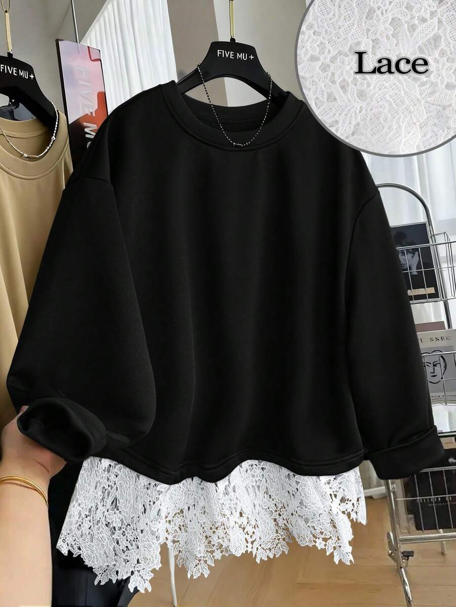 GlowEve CURVE Plus Size Women's Crew Neck Contrast Ruffle Trim Solid Color Long Sleeve Sweatshirt, Autumn/Winter - Black and White - View 1