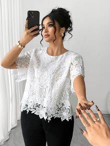 Elenzga Áo cánh tay ngắn khoét ren thanh lịch cỡ lớn dành cho nữ - trắng - Xem 1