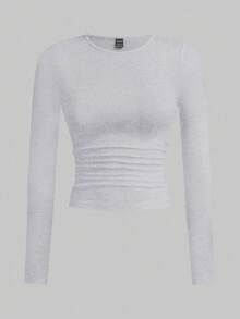 SHEIN EZwear 多色针织女式圆领长袖褶皱修身T恤基础款上衣女式多件装上衣女式长袖上衣紧身上衣长袖露脐上衣 - 彩色 - 查看 8