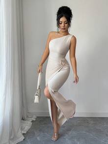 Selianne Váy xòe nhún vai bất đối xứng màu trơn thời trang mới dành cho nữ, kiểu dáng ôm sát kết cấu dệt kim cổ bất đối xứng, váy cocktail thiết kế xẻ tà và xoắn, trang phục thanh lịch dành cho nữ, váy xuân/hè dành cho nữ, phù hợp cho kỳ nghỉ, tiệc tùng, ngày lễ tình nhân - Màu be - Xem 3