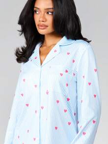 MISSGUIDED Light Blue Striped Heart Print Button Up Pajama Set Long Sleeve Collared Top With Matching Full Length Pants Sleepwear Lounge Set - Blue - View 5