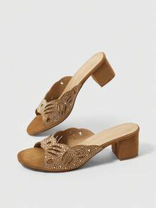 Sleekvia 女士水钻镂空设计时尚日常百搭高跟凉鞋 - 杏色 - 查看 2