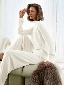 MOTF PREMIUM SET SWEATER LEHER TINGGI POLOS & CELANA RAJUT LEBAR, MUSIM GUGUR/DINGIN - Putih - View 9