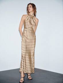 Lumivelle Valentine's Day Women's Polka Dot Backless Dress, Elegant Sexy Fashion Dress For Commuting, Party, Gathering Polka Dot Dress Gold Polka Dot Dress  Summer Dress Dress For Wedding Guest  Party Dress Midi Dress Halter Neck Dress For Woman Polka Dot Dress Women Cut Out Dresses - Khaki - View 5