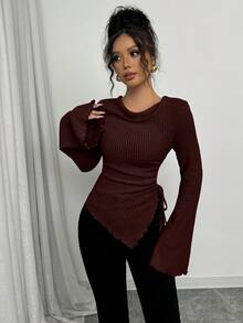 Selianne Women's Asymmetrical Hem Drawstring T-Shirt With Ruffle Collar And Bell Sleeves, Autumn/Winter