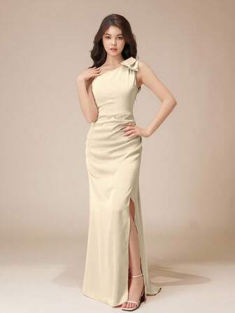 伴娘高端时尚少女单肩蝴蝶结褶裥开衩长裙，适合舞会、婚礼、生日派对、演出等场合