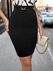 Chain Detail Bodycon Skirt Spring Summer Elegant  Formal Black - Black - View 4