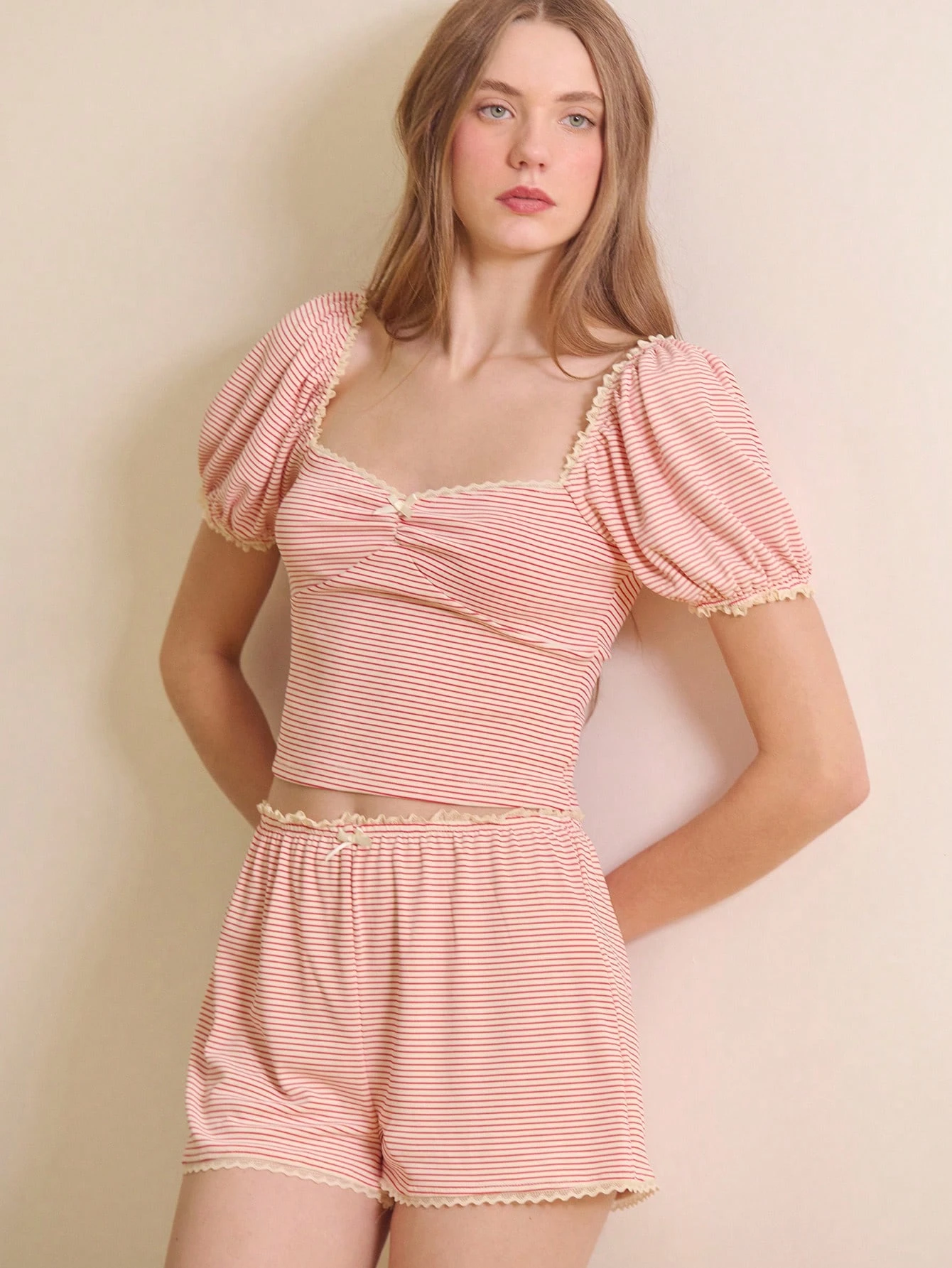 Pink Strip Soft Rib Pyjama Set With Puff Sleeve Square Neck Top And Loose Fit Shorts Cosy Cute Spring Summer