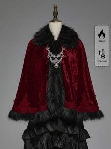 ROMWE Áo choàng Gothic cổ lông giả chắp vá họa tiết cung điện cổ điển dành cho nữ, viền ren nhung kim cương - Màu Đỏ Sâu - Xem 12
