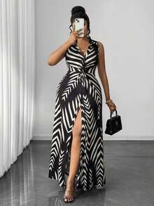 Maweii Plus Size Women Casual Striped Knit Twist Design Dress - Black and White - View 1