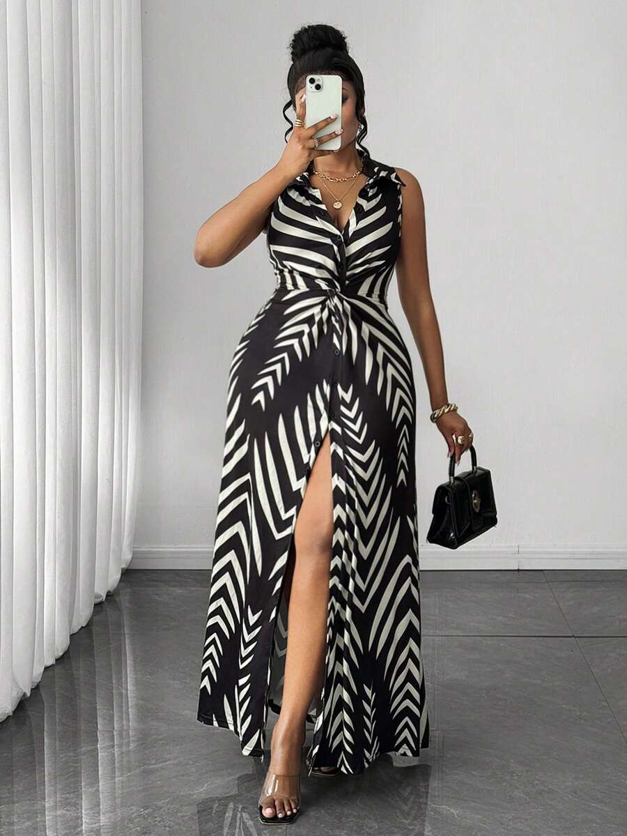 Maweii Plus Size Women Casual Striped Knit Twist Design Dress - Black and White - View 1