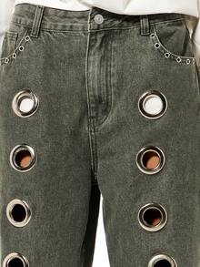 SUMWON WOMEN Jeans vintage à jambe large, taille basse, décontractés, en jean avec oeillets métalliques style grunge, lavage vintage, style de rue - Kaki - Voir 4