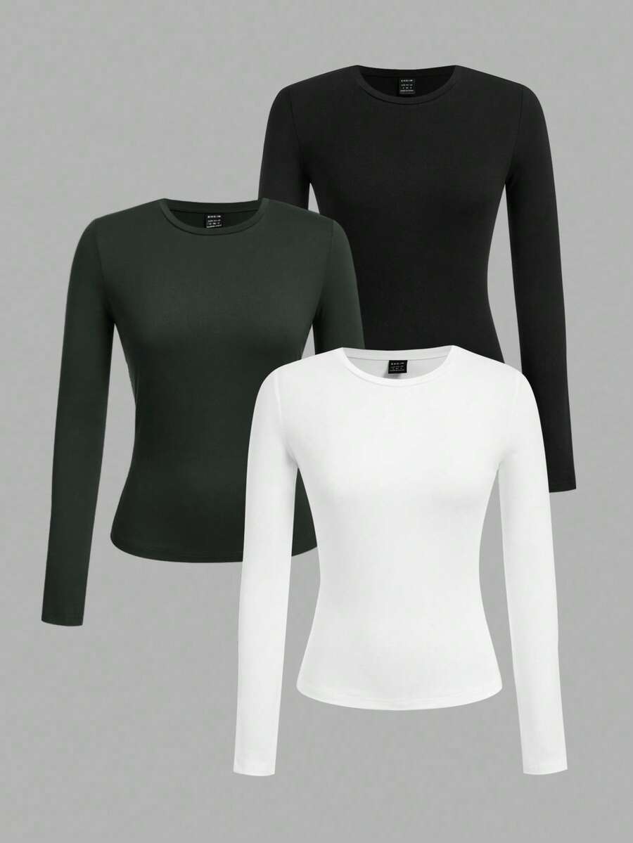 SHEIN EZwear 3件套女士休闲紧身圆领长袖T恤套装,秋冬季 - 彩色 - 查看 1