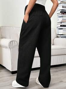SHEIN Maternity Solid Color High Waist Pleated Pocket Loose Casual Pants - Black - View 2