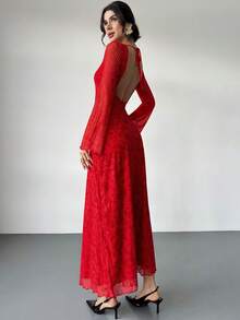 Firerie Women's Red Floral Backless Flare Sleeve A-Line Maxi Dress, Red Floral Maxi Dress, Sexy Backless Long Dress, Waist Cinched A-Line Long Dress, Flare Sleeve Maxi Dress, Red Holiday Dress, Suitable For Spring, Summer, Autumn, Winter, Elegant, Commute, Date, Party, Wedding, Graduation, Performance, Concert, Work, Back To School, Annual Party, Women's Birthday, Holiday - Multicolor - View 4