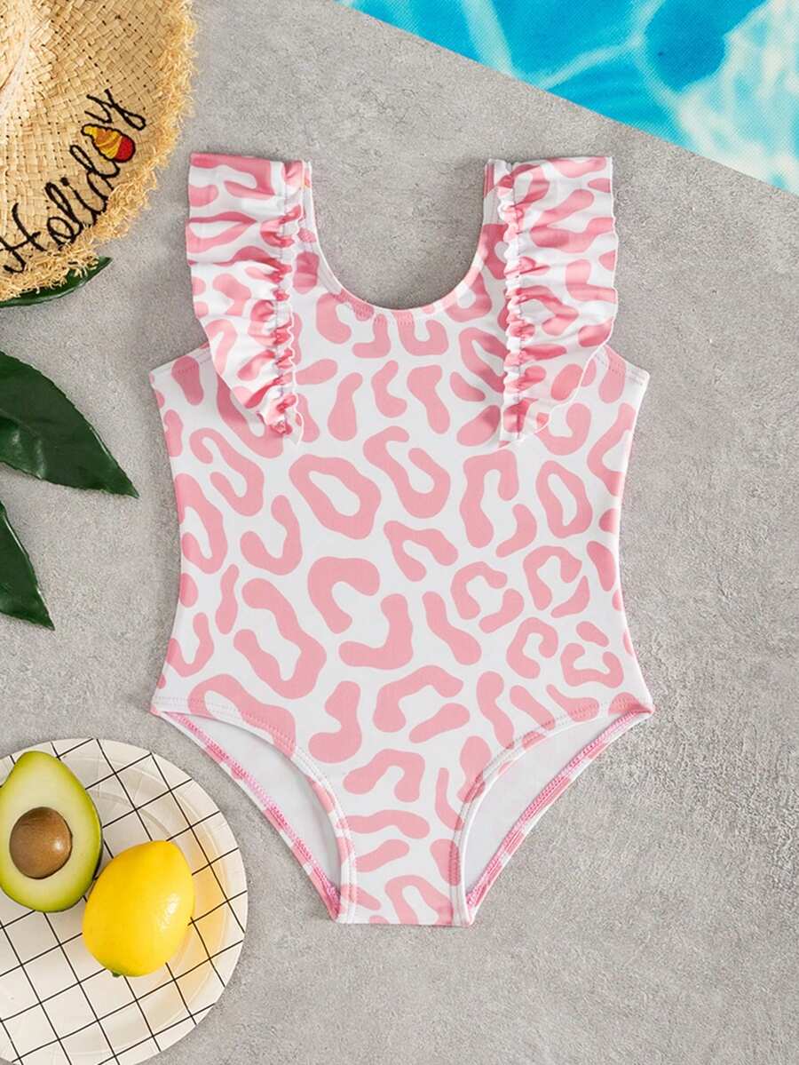 SHEIN Áo tắm liền thân in họa tiết da báo cho bé gái, viền hoa dễ thương, màu hồng, đáng yêu và thoải mái, thích hợp cho bơi lội, kỳ nghỉ hè, lễ hội Giáng sinh, năm mới, lễ tình nhân, áo tắm in họa tiết da báo cho bé gái, áo tắm in họa tiết báo đốm màu hồng, áo tắm tay bèo nhún cho bé gái, áo tắm in họa tiết da báo màu hồng. - Hồng - Xem 1