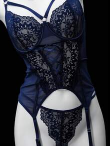 4pcs Set Classic Lace Contrast Mesh Underwire Supportive Sexy Lingerie Set For Women - Royal Blue - View 8