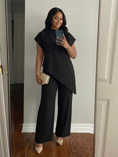 SHEIN Lady Plusstorlek Dam Enfärgad Rund Halsad Fladdermusärm Lös Asymmetrisk Fåll Elegant Blus