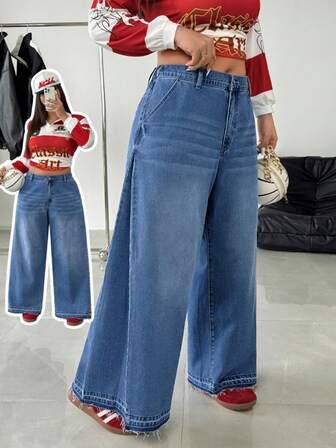 Slaydiva Jeans acampanados de pierna ancha con efecto desgastado para mujer de talla grande, de estilo Y2K, de uso casual y adecuados para todas las estaciones