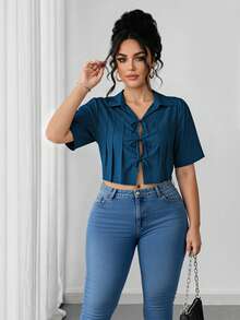 Elenzga 女式褶饰蝴蝶结短款优雅衬衫 - 藍色 - 查看 8