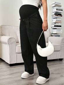 SHEIN Maternity Solid Color High Waist Pleated Pocket Loose Casual Pants - Black - View 4