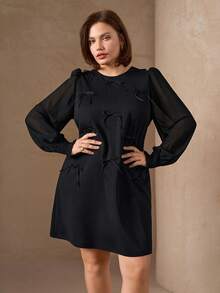 Chikora Women's Casual Solid Color Round Neck Long Sleeve Plus Size Dress Black Bow Dress Black Elegant Dress Plus Size Black Dress Black Long Sleeve Dress Winter Clothes For Women  Christmas Outfit For Women   New Year Clothes New Year's Outfit For Women  Bow Dress, Little Black Dress, A-Line Skirt Long Sleeve Elegant Dress Black Shift Dress Bow Detail Short Dress - Black - View 5