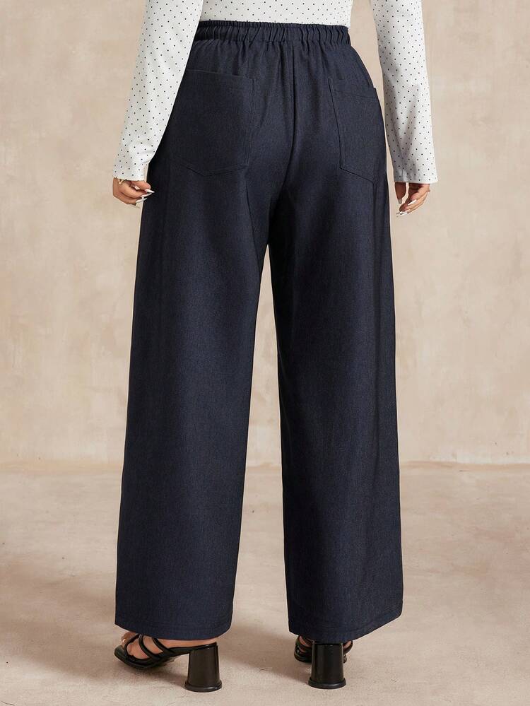 Dazy Plus Plus Size Women Casual Loose Solid Color Elastic Waist Drawstring Straight Leg Pants, All Season