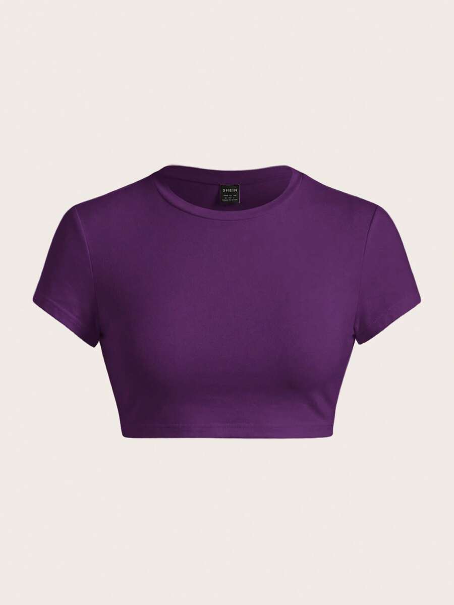 SHEIN ICON Kaos Wanita Lengan Pendek Leher Bulat Model Crop Pas Badan Warna Polos, Cocok untuk Musim Panas - Purple - View 1