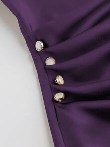 GlowEve CURVE 大码女式亮面长袖衬衫，通勤百搭，侧边褶裥设计，带纽扣 - 紫色 - 查看 6