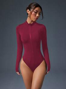 Easithlete Front Zip Fitted Long Sleeve Jumpsuit Long Sleeve Bodysuit Leotards Women Red Bodysuit Bodysuits For Women Long Sleeve Swimsuit Red Long Sleeve Bodysuit - Burgundy - View 3