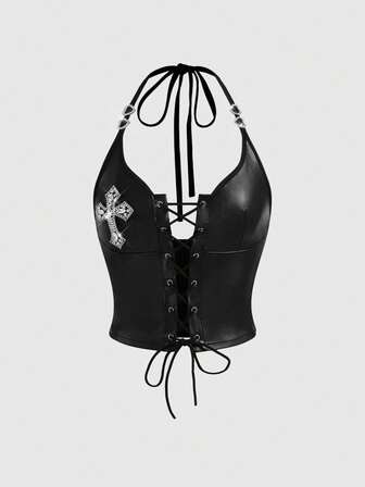 ROMWE Avant Damen Retro Gyaru Biker PU Kreuz Metall Schnürung Slim Fit Trägertop