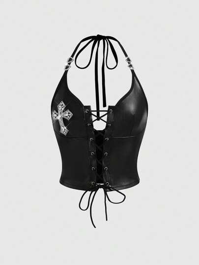 ROMWE Avant Canotta donna retrò Gyaru con lacci, collo alto, slim fit, con dettagli in metallo e pelle sintetica