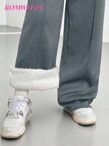 Sparklyn 少女休闲街头风学院风加厚保暖运动裤，秋冬季 - 深灰色 - 查看 6