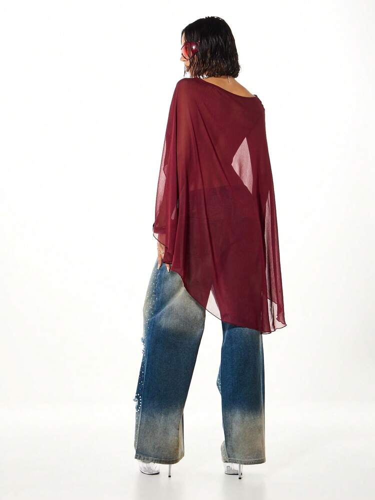 SUMWON WOMEN Chiffon Off Shoulder Poncho Blouse With Flowing Sleeves