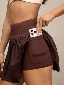 Activina Falda pantalón casual con cintura alta, pliegues y bolsillos para deportes al aire libre - Marrón - Ver 8
