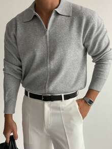 DAZY Áo len cardigan nam màu xám cổ bẻ, mùa thu - Xám - Xem 6
