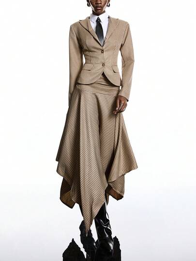 LYSMO 2026 New Arrive Minimalism Spring/Summer Women's Plaid Lapel NeckLong Sleeve Jacket And Asymmetric Hem Casual Suit Set Skirt Suits For Women Women's Suits Women Midi Dresses Neutral Clothes For Women Business Casual Woman,Work Outfits/Business Casual/ Office Outfits For Women