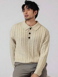 Manfinity Homme Men's Solid Color Cable Polo Collar Casual Long Sleeve Pullover Sweater , Fall/Winter