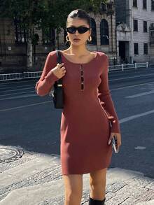 DAZY Women's Solid Color Round Neck Long Sleeve Button Design Fitted Knit Dress - Burgundy - View 2