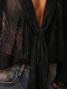 SHEIN Glamour Casual Black Lace Sheer Blouse For Women Lace Sheer Blouse, Solid Color Lace Women Shirt Isabel Marat Sexy Blouses For Women Sheer Tops For Women Sheer Black Top - Black - View 14
