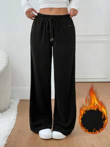 SHEIN PETITE 2-Way 羊毛女式抽绳腰直筒宽松休闲裤 - 黑色 - 查看 9