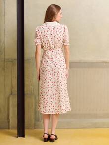 lacRébo 白色复古碎花纽扣前开襟中长连衣裙，泡泡袖翻领 - 白色 - 查看 6