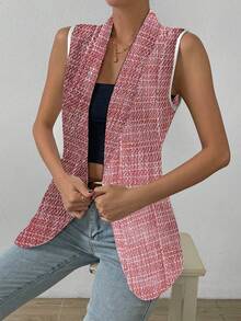 EMERY ROSE 女士时尚披肩领开襟马甲外套粗花呢两件套夏季商务休闲女装夏季办公室穿搭商务休闲夏季服装 - 紅色 - 查看 4