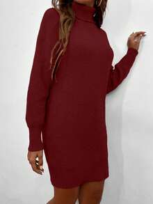 Islaluna Women's Solid Color High Neck Drop Shoulder Long Sleeve Knitted Dress, Autumn/Winter - Rose Red - View 4